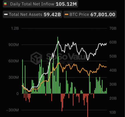 美国比特币现货ETF总资产净值为594.20亿美元，ETF净资产比率达4.36%缩略图