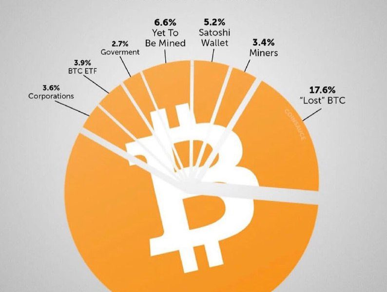 2100万枚比特币中已丢失占比达17.6%，个人持有占比达57%缩略图